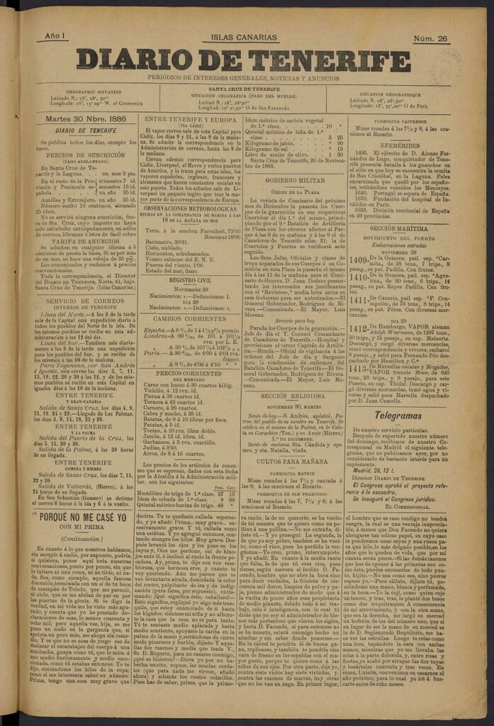 Miniatura de Diario de Tenerife del 30 de noviembre de 1886, nº 26