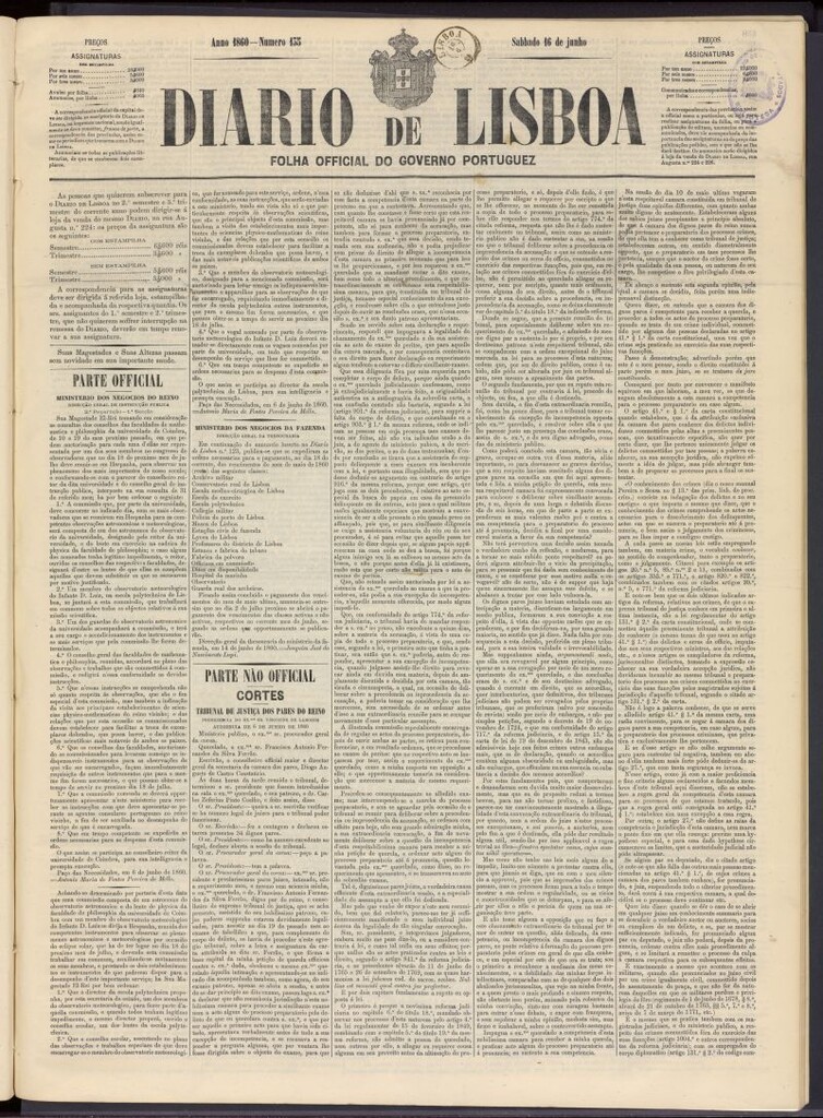 Miniatura de Diário de Lisboa : folha official do goberno portugues del 16 de junio de 1860, nº 135