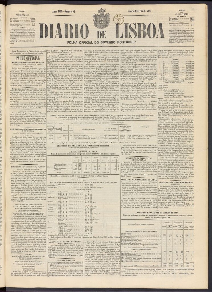 Miniatura de Diário de Lisboa : folha official do goberno portugues del 25 de abril de 1860, nº 94