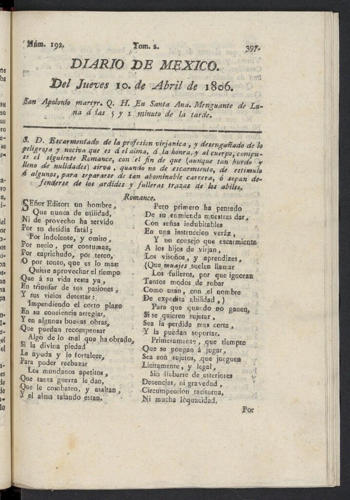 Miniatura de Diario de México del 10 de abril de 1806, nº 192