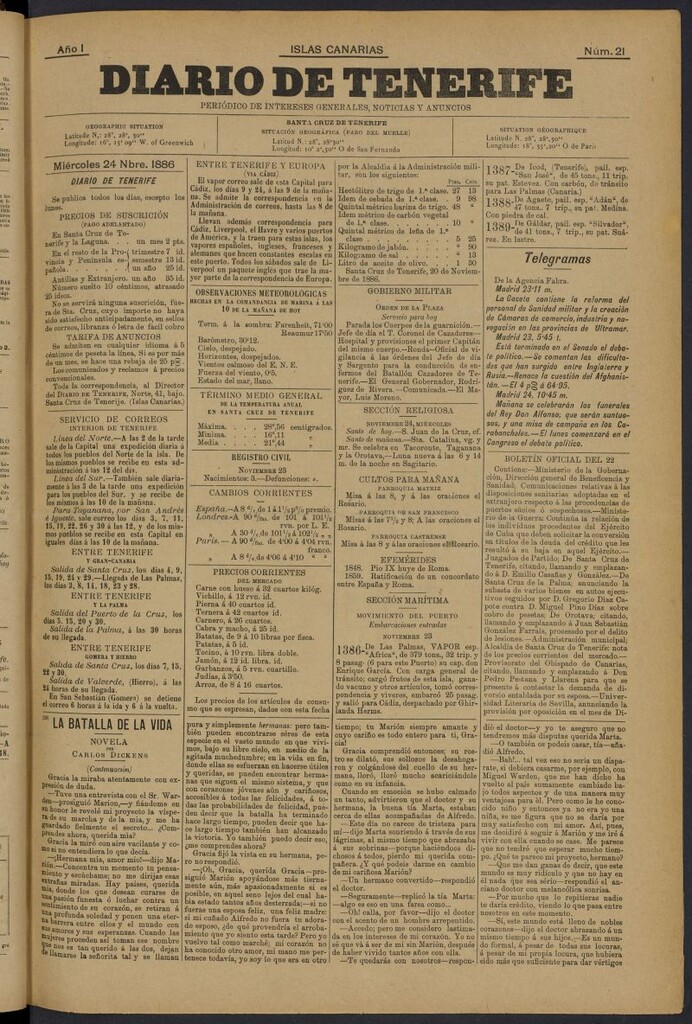 Miniatura de Diario de Tenerife del 24 de noviembre de 1886, nº 21
