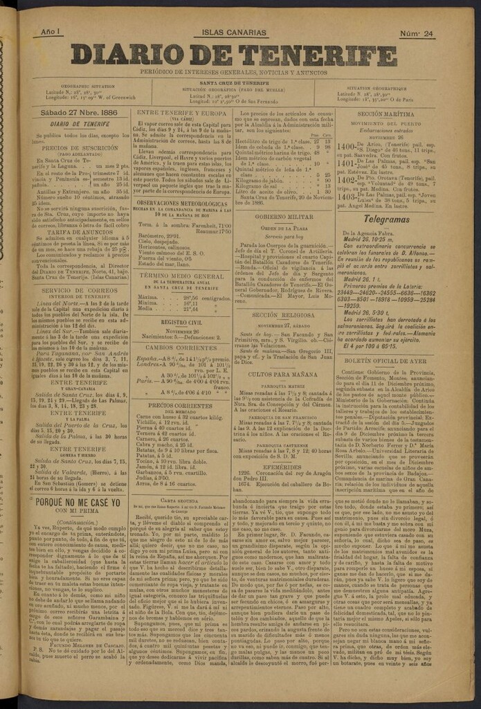 Miniatura de Diario de Tenerife del 27 de noviembre de 1886, nº 24
