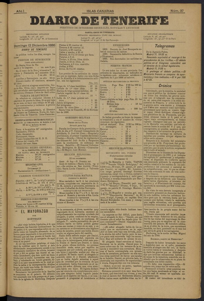 Miniatura de Diario de Tenerife del 12 de diciembre de 1886, nº 37