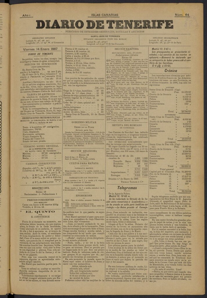 Miniatura de Diario de Tenerife del 14 de enero de 1887, nº 64