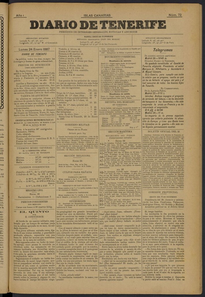 Miniatura de Diario de Tenerife del 24 de enero de 1887, nº 72