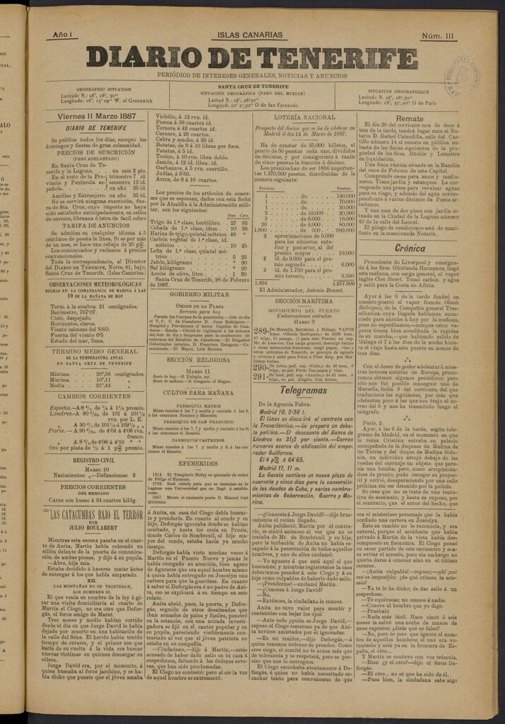 Miniatura de Diario de Tenerife del 11 de marzo de 1887, nº 111