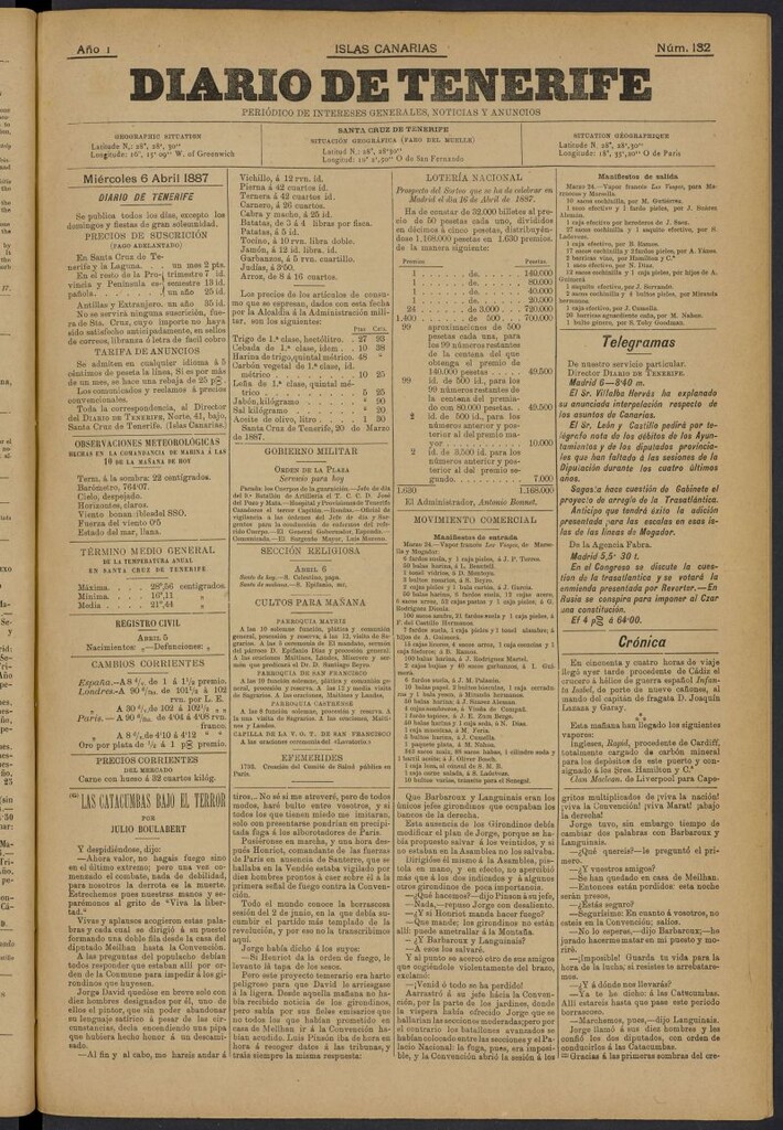 Miniatura de Diario de Tenerife del 6 de abril de 1887, nº 132