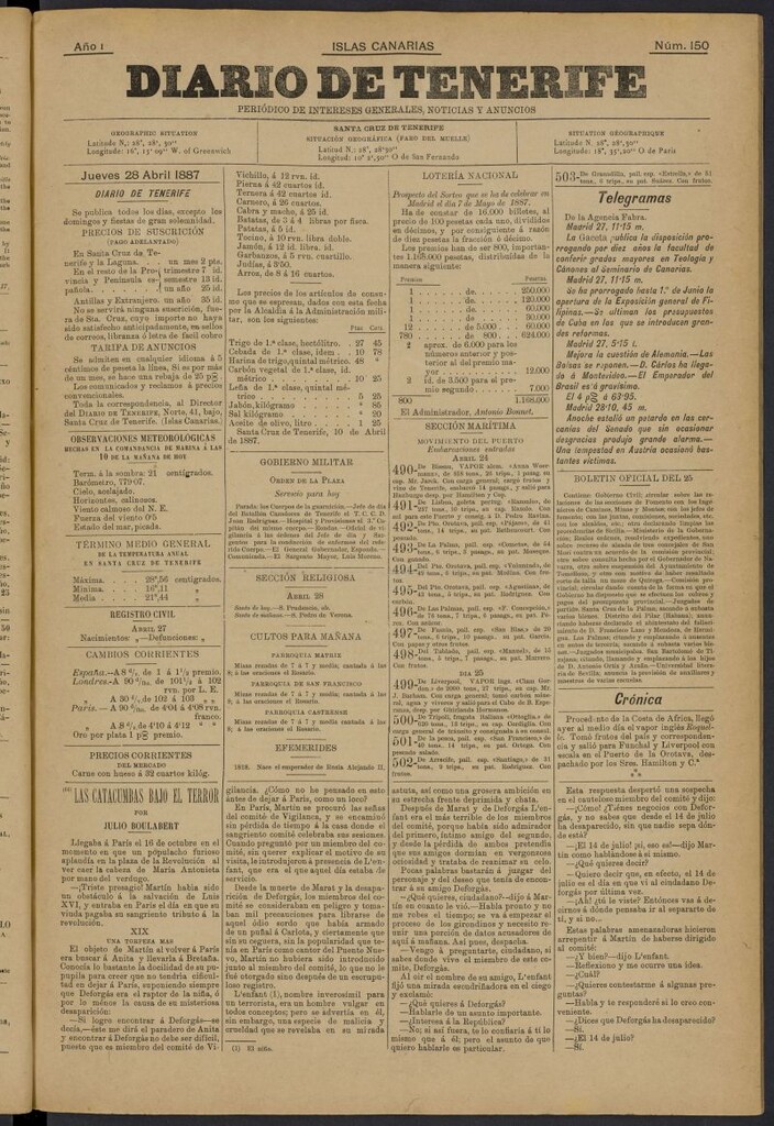 Miniatura de Diario de Tenerife del 28 de abril de 1887, nº 150