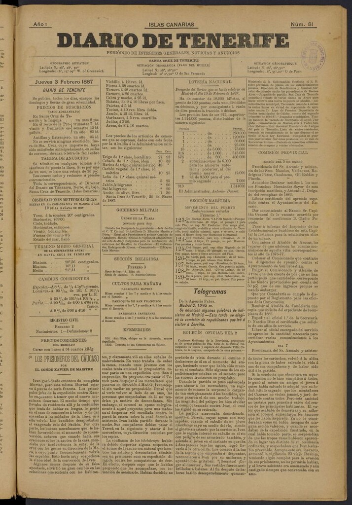Miniatura de Diario de Tenerife del 3 de febrero de 1887, nº 81
