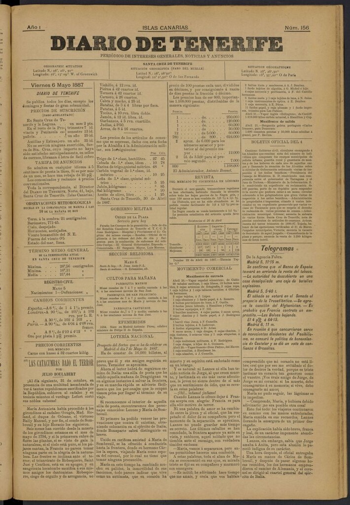 Miniatura de Diario de Tenerife del 6 de mayo de 1887, nº 156