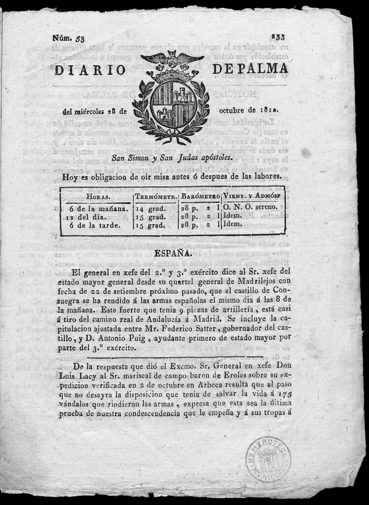 Miniatura de Diario de Palma del miércoles 28 de octubre de 1812