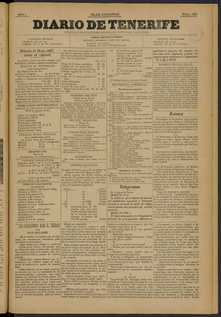 Miniatura de Diario de Tenerife del 14 de mayo de 1887, nº 163