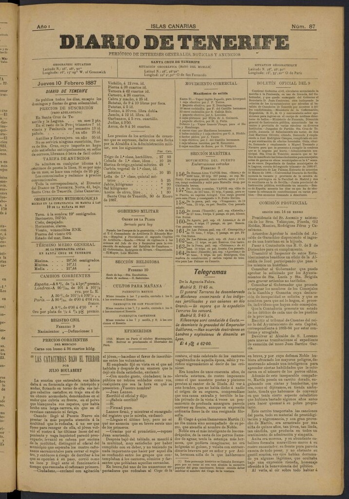 Miniatura de Diario de Tenerife del 10 de febrero de 1887, nº 87