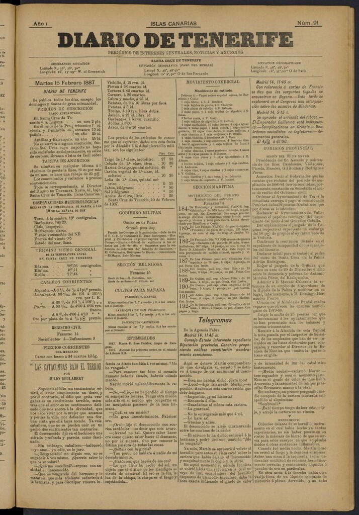 Miniatura de Diario de Tenerife del 15 de febrero de 1887, nº 91