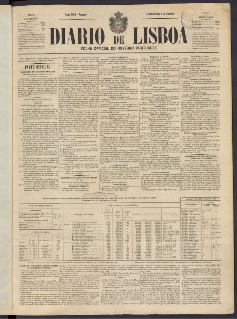 Miniatura de Diário de Lisboa : folha official do goberno portugues del 2 de enero de 1860, nº 1