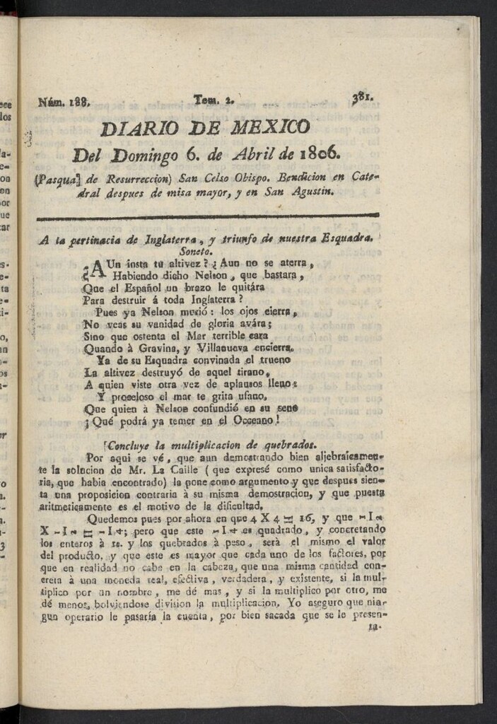 Miniatura de Diario de México del 6 de abril de 1806, nº 188