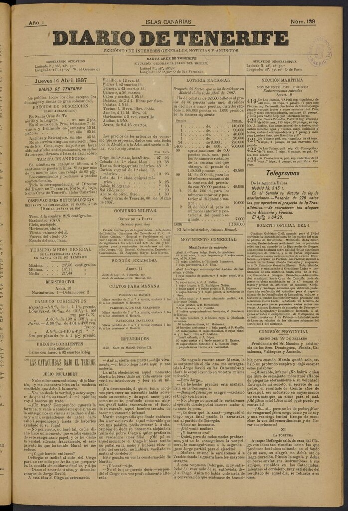 Miniatura de Diario de Tenerife del 14 de abril de 1887, nº 138