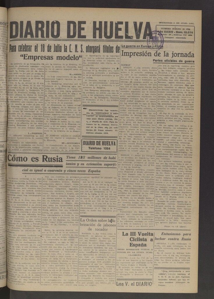 Miniatura de Diario de Huelva : periódico independiente del 2 de julio de 1941