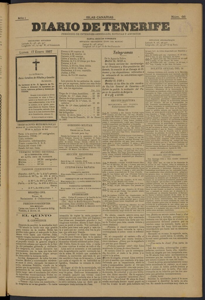 Miniatura de Diario de Tenerife del 17 de enero de 1887, nº 66