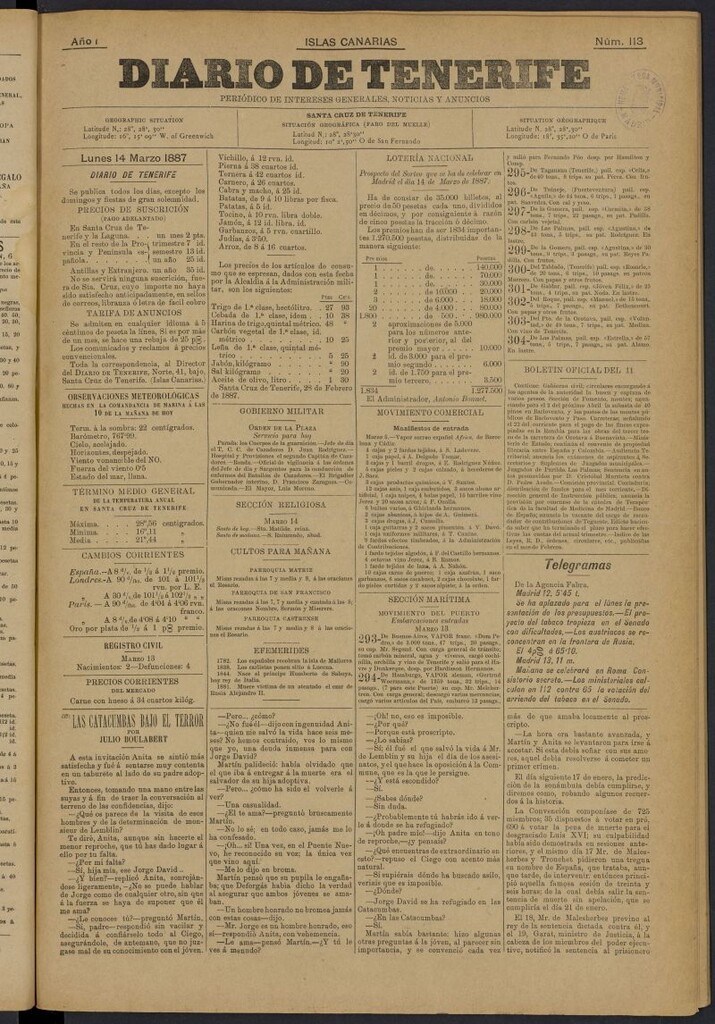 Miniatura de Diario de Tenerife del 14 de marzo de 1887, nº 113