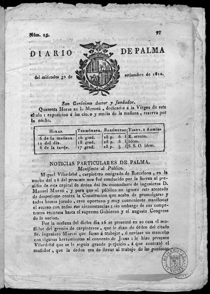 Miniatura de Diario de Palma del miércoles 30 de septiembre de 1812