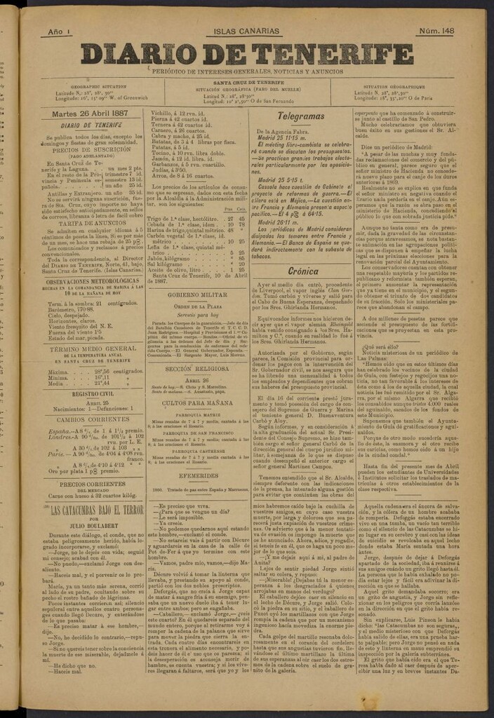 Miniatura de Diario de Tenerife del 26 de abril de 1887, nº 148
