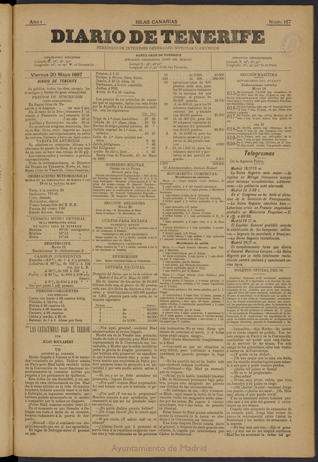 Miniatura de Diario de Tenerife del 20 de mayo de 1887, nº 167