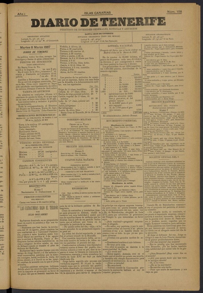 Miniatura de Diario de Tenerife del 8 de marzo de 1887, nº 108