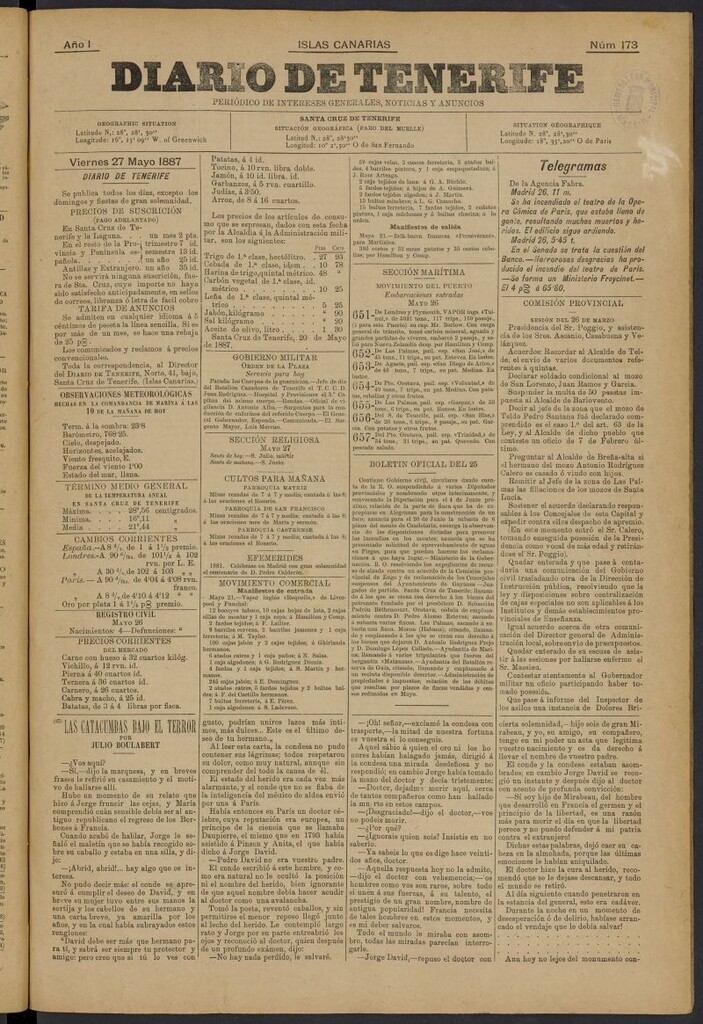 Miniatura de Diario de Tenerife del 27 de mayo de 1887, nº 173