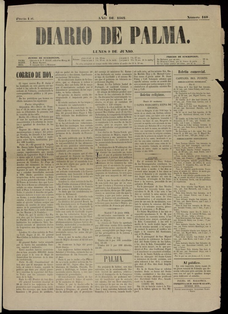 Miniatura de Diario de Palma del 9 de junio de 1862, nº 160