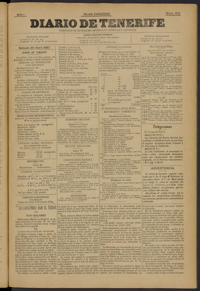 Miniatura de Diario de Tenerife del 30 de abril de 1887, nº 152