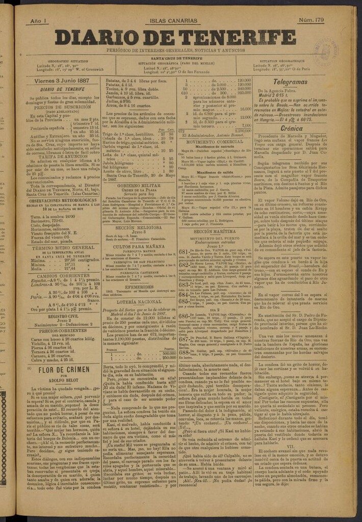 Miniatura de Diario de Tenerife del 3 de junio de 1887, nº 179