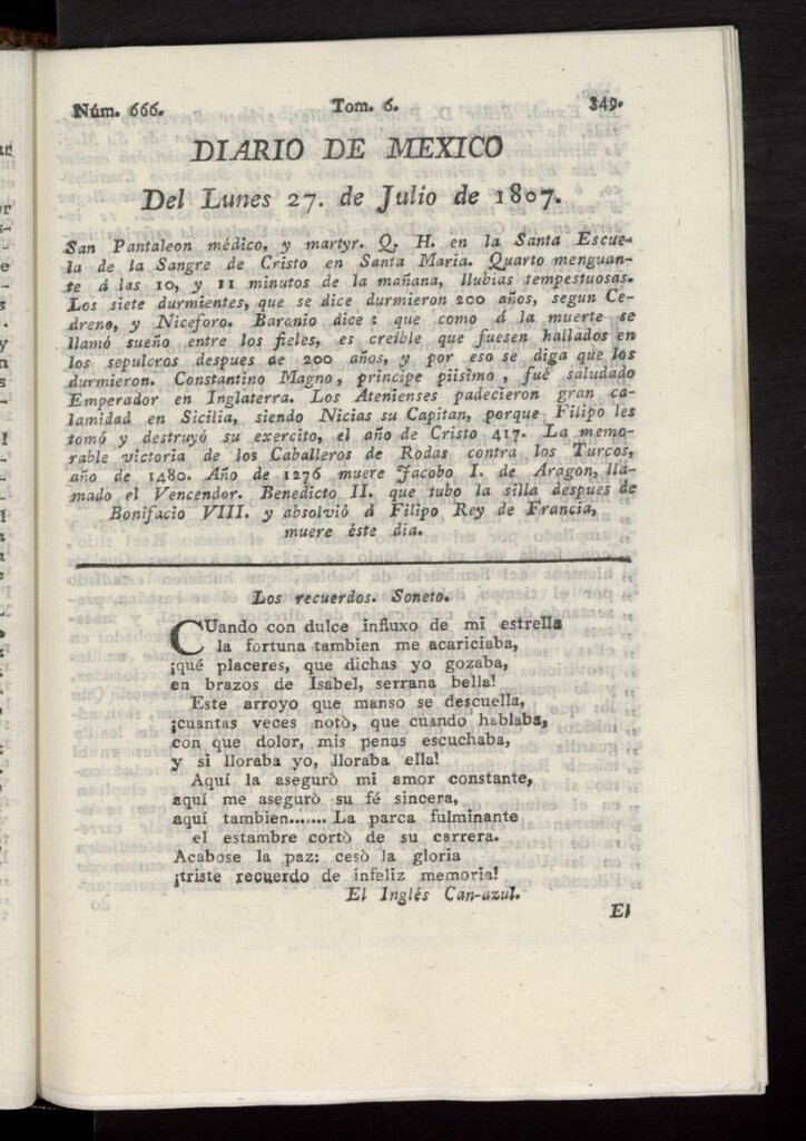 Miniatura de Diario de México del 27 de julio de 1807, nº 666