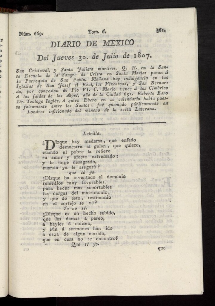 Miniatura de Diario de México del 30 de julio de 1807, nº 669