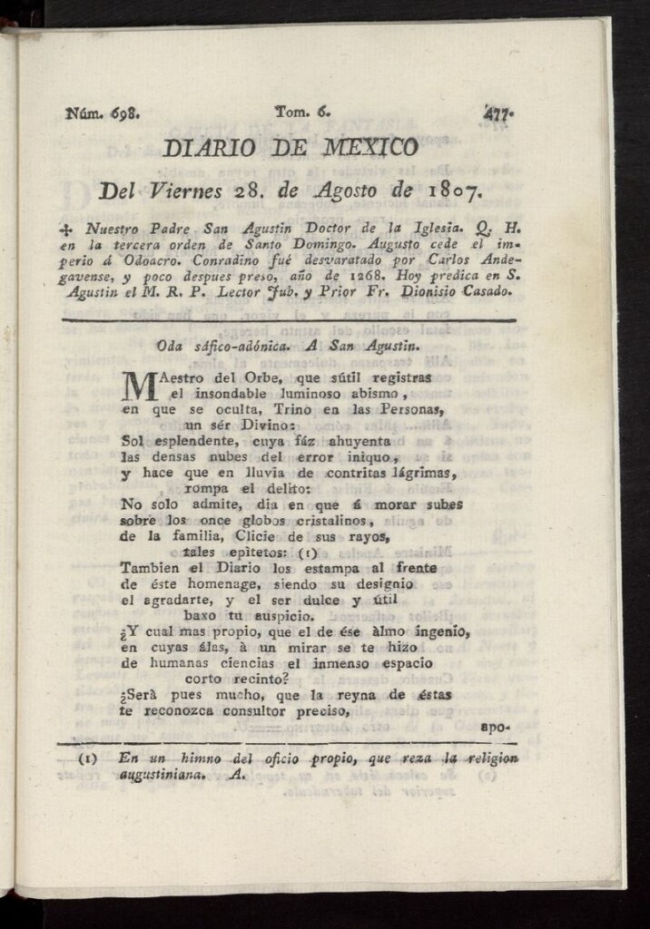 Miniatura de Diario de México del 28 de agosto de 1807, nº 698