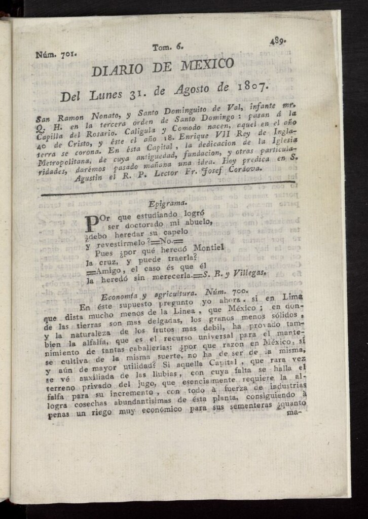 Miniatura de Diario de México del 31 de agosto de 1807, nº 701