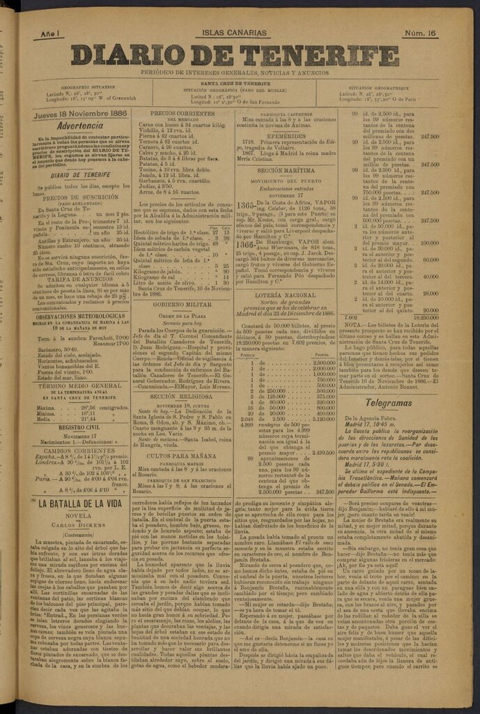 Miniatura de Diario de Tenerife del 18 de noviembre de 1886, nº 16