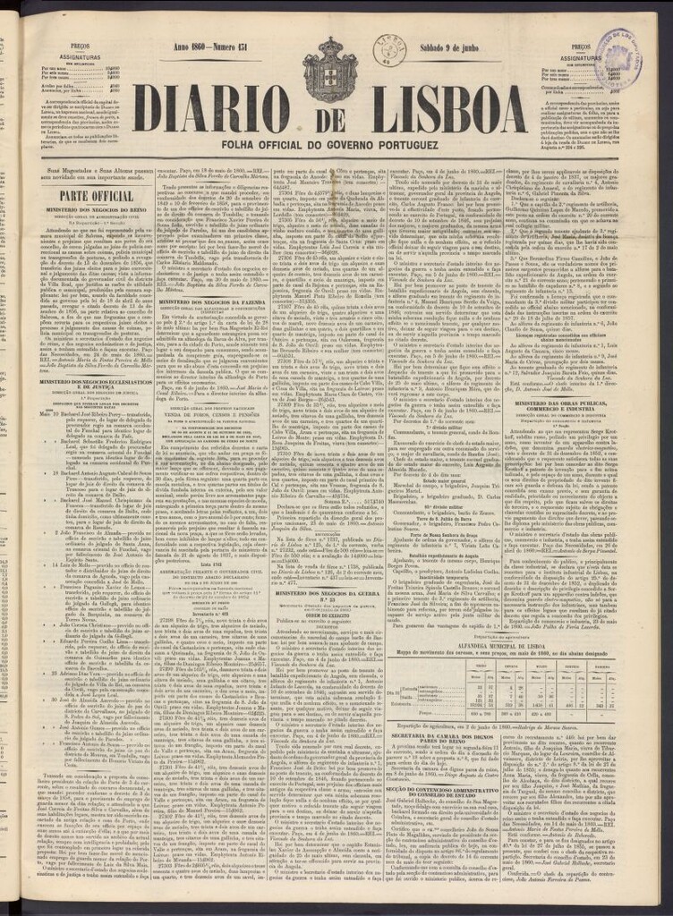 Miniatura de Diário de Lisboa : folha official do goberno portugues del 9 de junio de 1860, nº 131