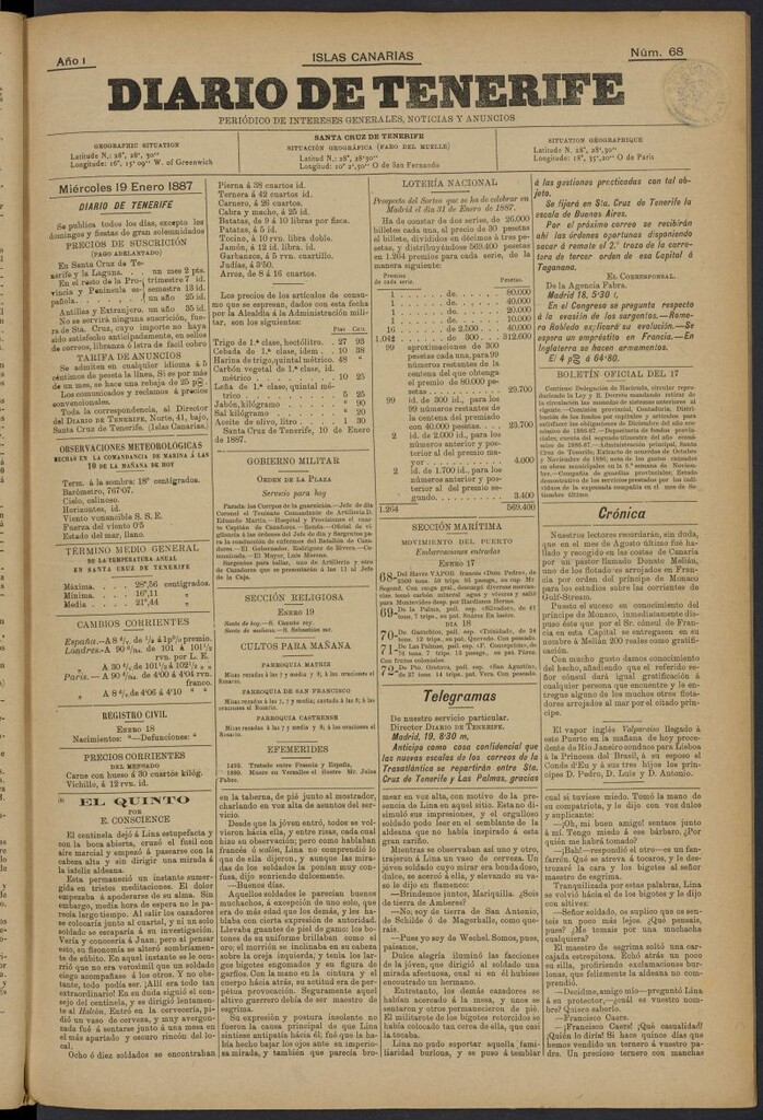 Miniatura de Diario de Tenerife del 19 de enero de 1887, nº 68