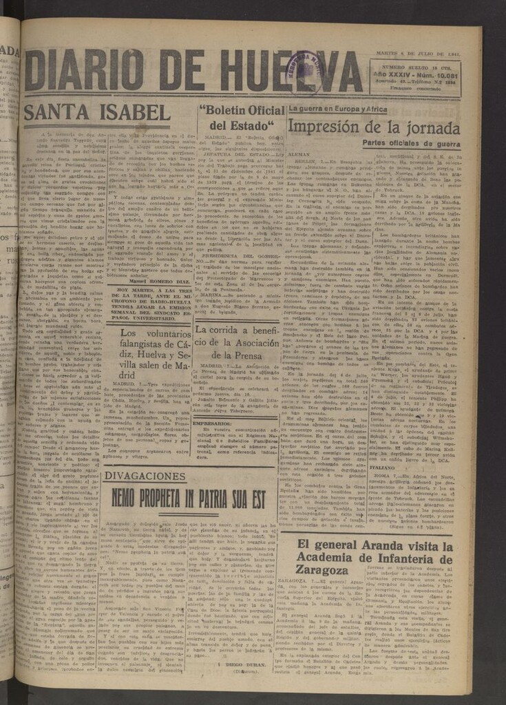 Miniatura de Diario de Huelva : periódico independiente del 8 de julio de 1941