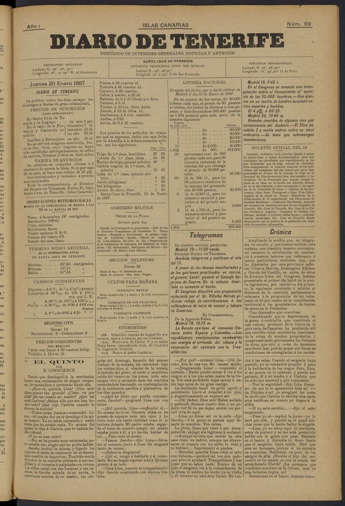 Miniatura de Diario de Tenerife del 20 de enero de 1887, nº 69