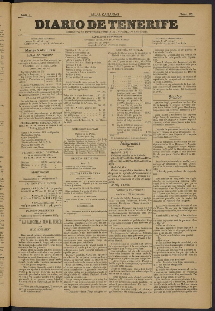 Miniatura de Diario de Tenerife del 5 de abril de 1887, nº 131