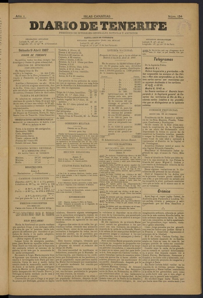 Miniatura de Diario de Tenerife del 9 de abril de 1887, nº 134