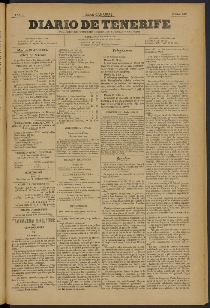 Miniatura de Diario de Tenerife del 19 de abril de 1887, nº 142