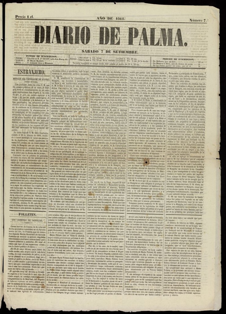 Miniatura de Diario de Palma del 7 de septiembre de 1861, nº 7