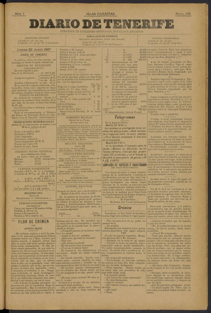 Miniatura de Diario de Tenerife del 23 de junio de 1887, nº 195