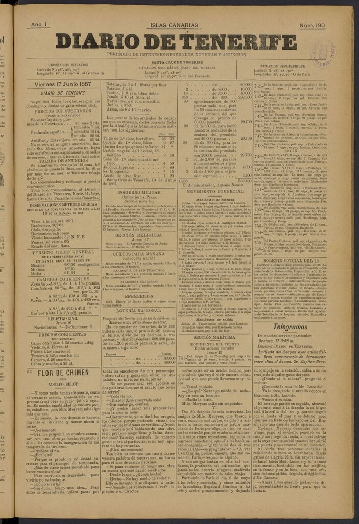 Miniatura de Diario de Tenerife del 17 de junio de 1887, nº 190