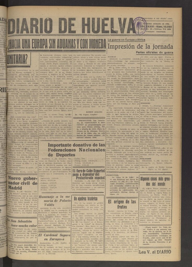 Miniatura de Diario de Huelva : periódico independiente del 9 de julio de 1941