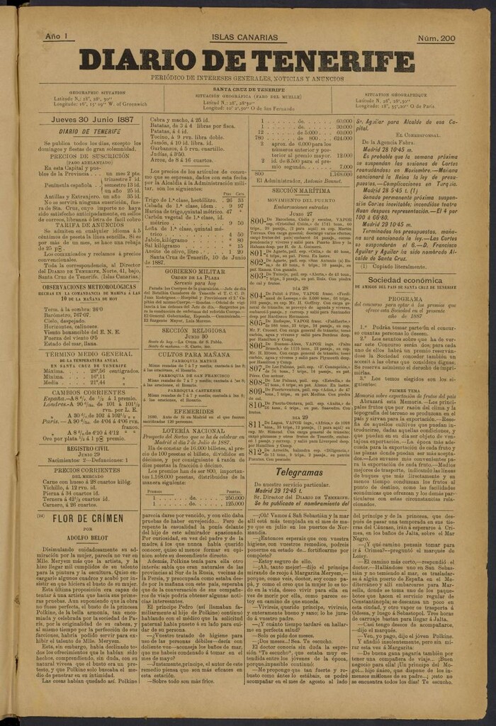 Miniatura de Diario de Tenerife del 30 de junio de 1887, nº 200