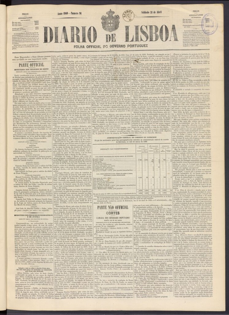 Miniatura de Diário de Lisboa : folha official do goberno portugues del 21 de abril de 1860, nº 91